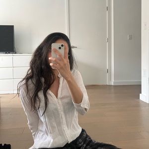 See through XS-M white linen blouse [Korean Fashion]